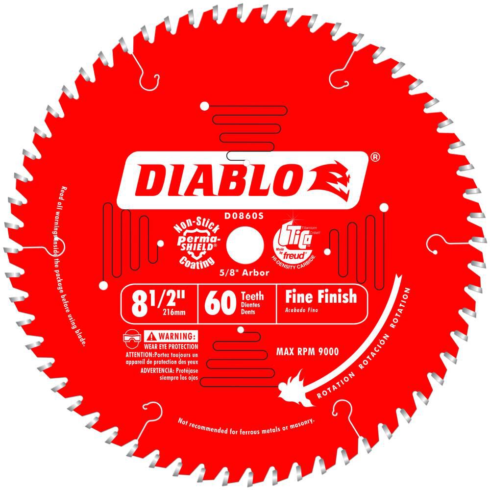Diablo Tools 8-1/2 inch x 60 Tooth ATB Fine Finish Slide Miter Saw Blade with 5/8 inch Arbor - D0860S