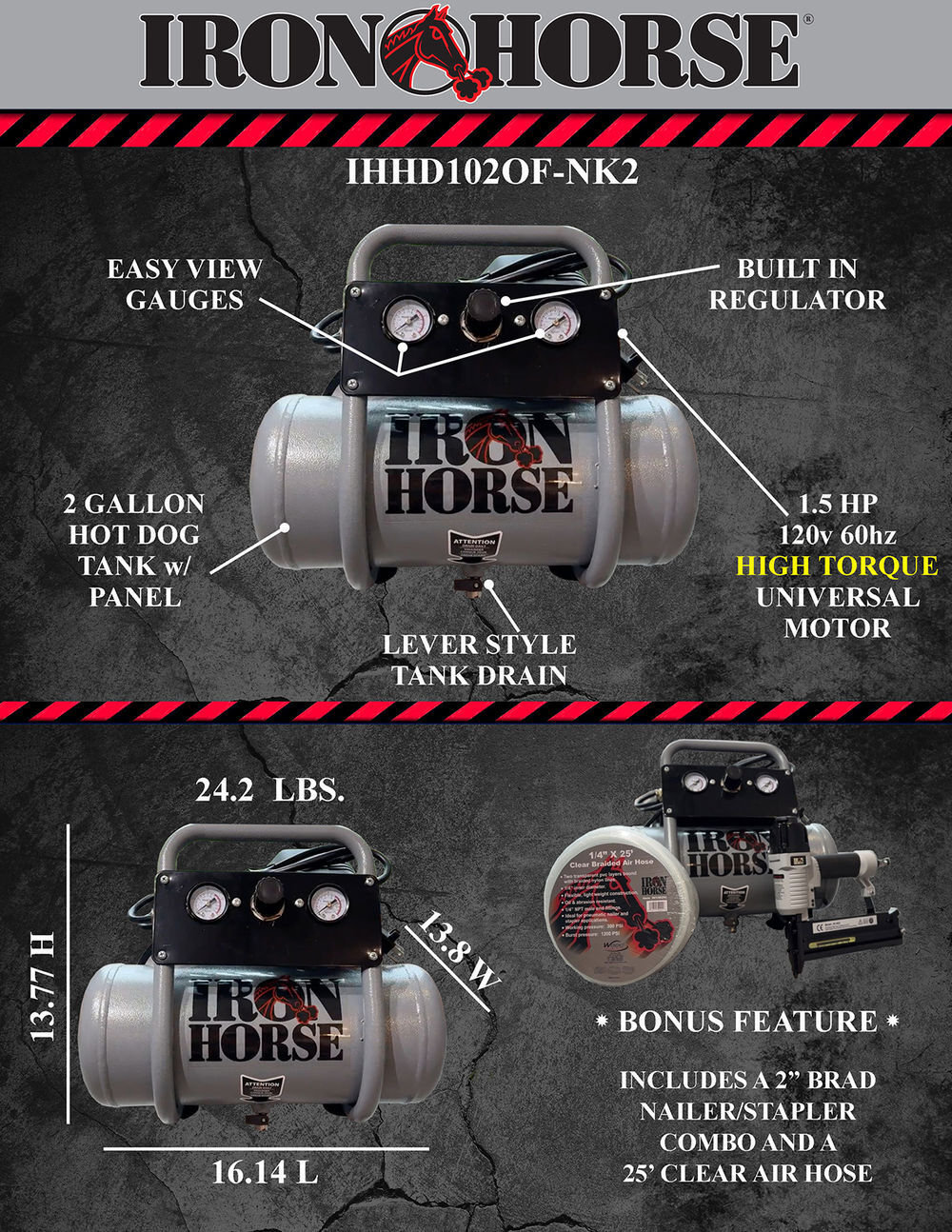 Iron Horse 2 Gallon 1HP Hot Dog Air Compressor with Accessory Kit, large image number 5