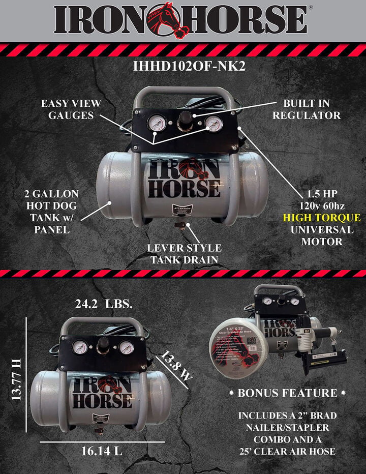 Iron Horse 2 Gallon 1HP Hot Dog Air Compressor with Accessory Kit, large image number 4