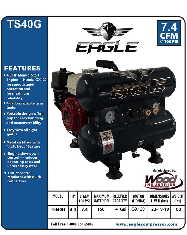Eagle Compressor Portable Gas Twin Tanks Air Compressor 4 Gallon, large image number 1