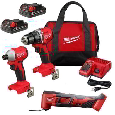 Milwaukee M18 1/2 Inch Drill Driver, 1/4 Inch Impact Driver & Multi-Tool Saw Kit Bundle