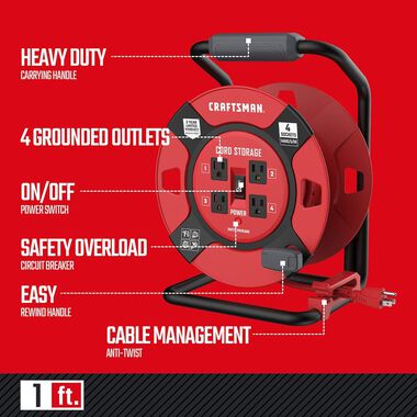 CRAFTSMAN 1 Foot Retractable Extension Cord Reel with 4 Outlets, large image number 1