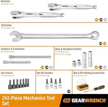 GEARWRENCH 243 Pc. 6 Point Mechanics Tool Set in 3 Drawer Storage Box, large image number 7