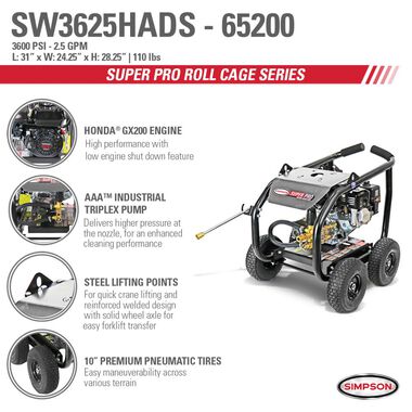 Simpson SuperPro Roll-Cage 3600 PSI 2.5 GPM Gas Powered Cold Water Pressure Washer with 5 Spray Tips, large image number 8