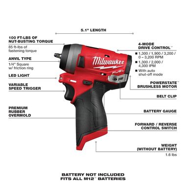 Milwaukee M12 FUEL Stubby 1/4 in. Impact Wrench (Bare Tool), large image number 6