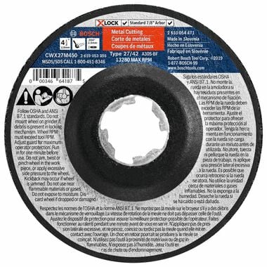 Bosch 4-1/2 In. x .098 In. X-LOCK Arbor Type 27A (ISO 42) 30 Grit Metal Cutting and Grinding Abrasive Wheel