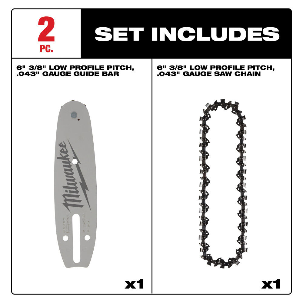 Milwaukee 6 Inch 3/8 Inch LOW PROFILE Pitch, .043 Inch Gauge Saw Chain and Guide Bar Set, large image number 2