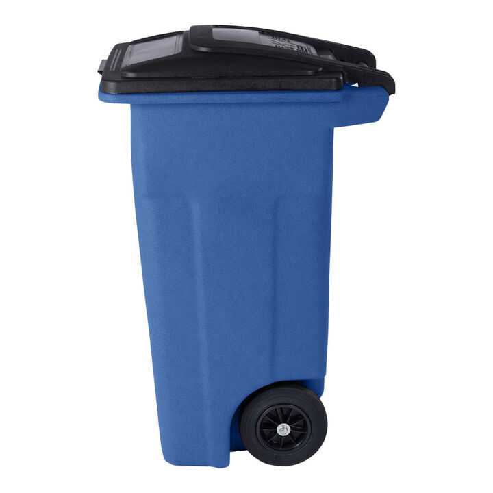 Toter 32 Gallon Blue Trash Can with Quiet Wheels and Attached Black Lid, large image number 3