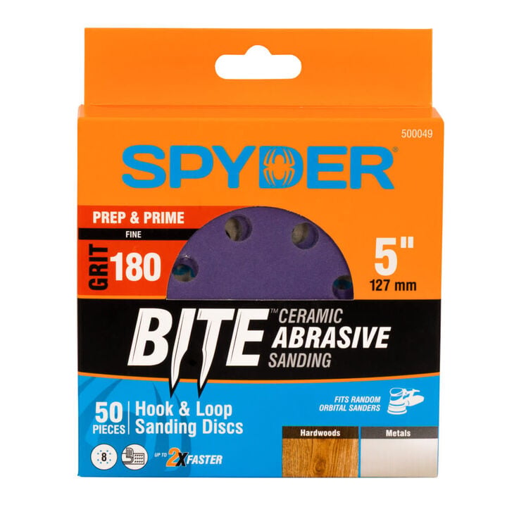 Spyder 180 Grit Ceramic Sanding Discs, 5 Inch 8-Hole Hook & Loop 50 Pieces