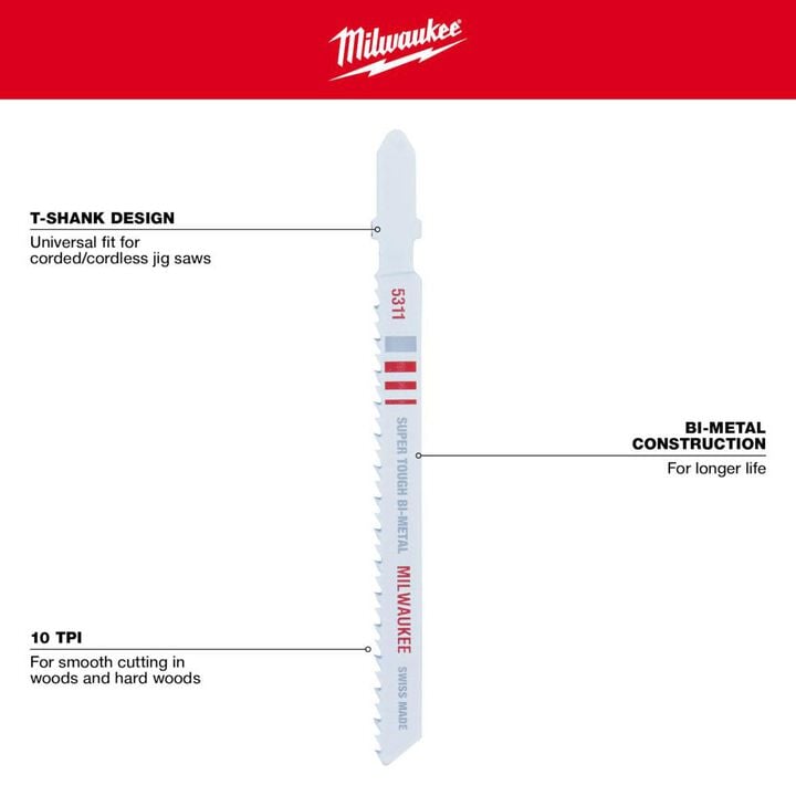 Milwaukee 4in 10TPI T-Shank Wood Bi-Metal Jigsaw Blades 5pk, large image number 3