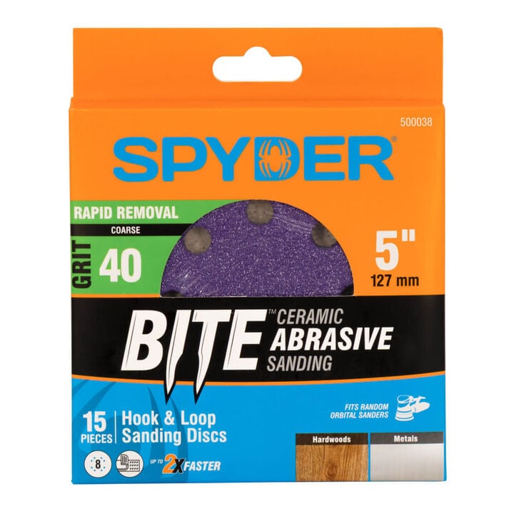 Spyder 40 Grit Ceramic Sanding Discs, 5 Inch 8-Hole Hook & Loop 15 Pieces