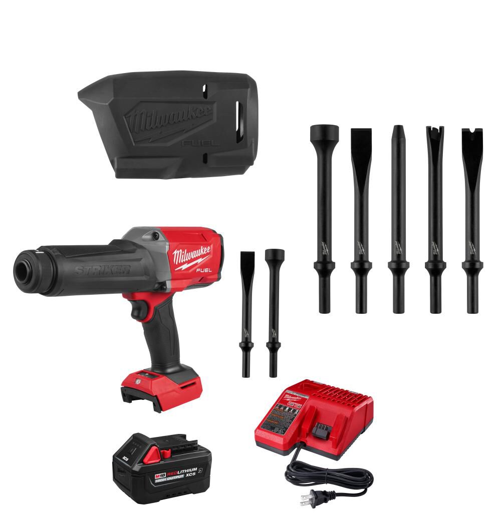 Milwaukee M18 FUEL STRIKER Hammer Chisel Kit with Protective Boot and 5 Pieces Hammer Chisel Bit Set Bundle - 3771-21-49-15-3772-49-16-3776