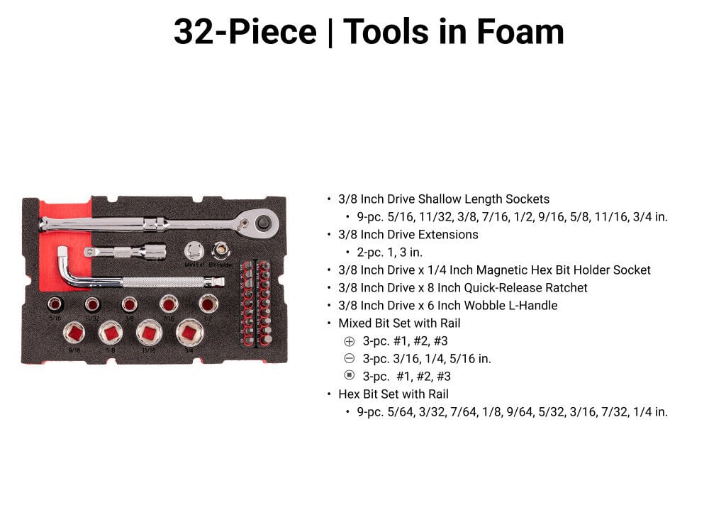 Tekton 3/8 Inch 12 Point Socket, Bit, and Ratchet Set with Stacking Organizer, 32 Pieces, large image number 2