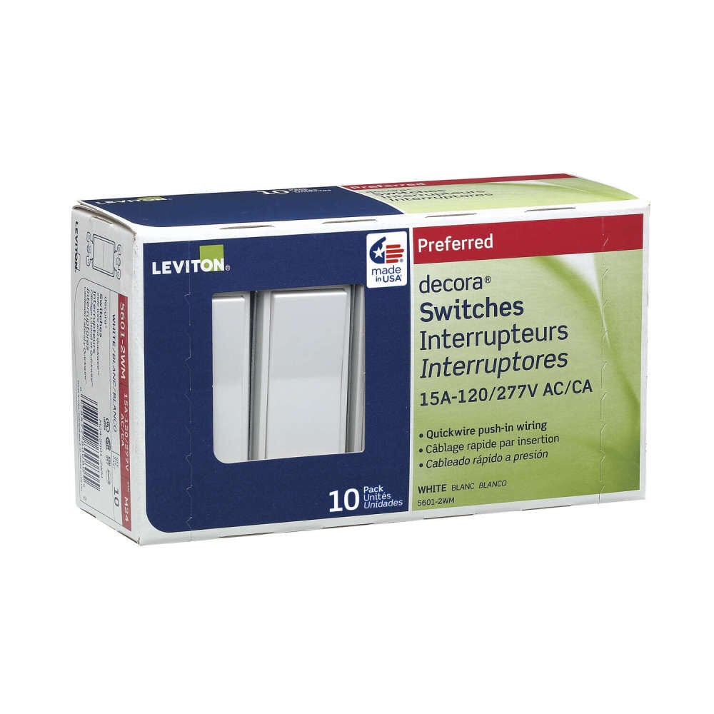 Leviton Decora Rocker Switch 15A 277V White 1 Pole AC Quiet 10 Pack – 3072709