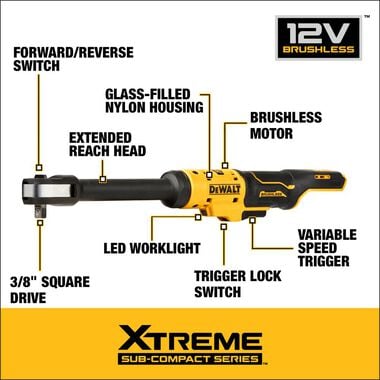 DEWALT XTREME 12V MAX 3/8in Extended Reach Ratchet Brushless (Bare Tool), large image number 2