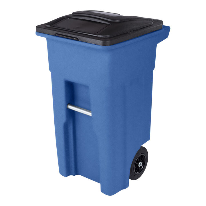 Toter 32 Gallon Blue Trash Can with Quiet Wheels and Attached Black Lid