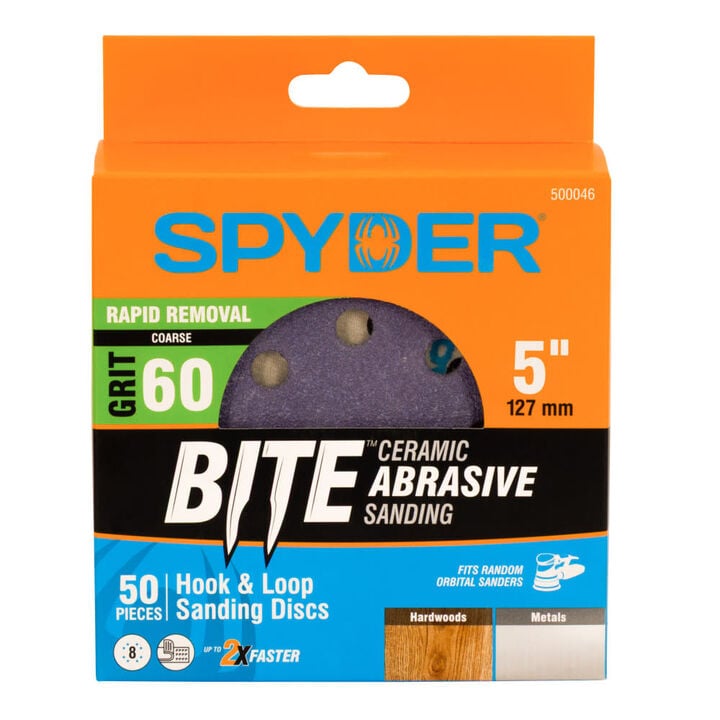 Spyder 60 Grit Ceramic Sanding Discs, 5 Inch 8-Hole Hook & Loop 50 Pieces