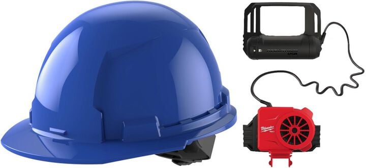 Milwaukee Blue Front Brim Hard Hat with 4pt Ratcheting Suspension Type 1 Class E & BOLT USB Cooling Fan Bundle, large image number 0