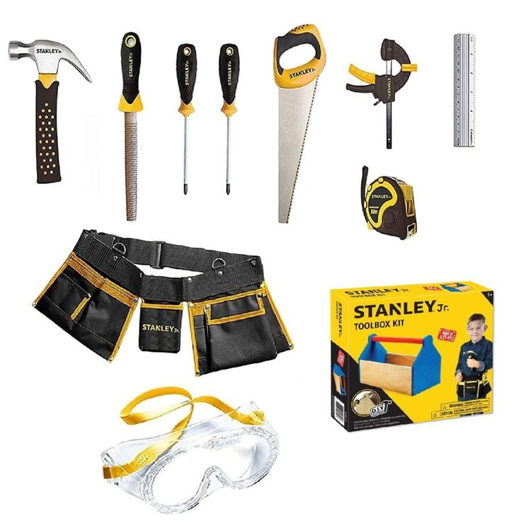 Stanley Jr Kids Wooden DIY Toolbox Kit & Construction Play Tool Set 10 Piece Bundle
