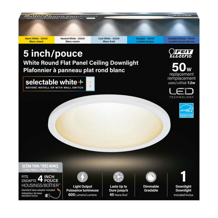 Feit Electric 7.2W 600 Lumens Selectable LED Flat Panel Ceiling Downlight White, large image number 3