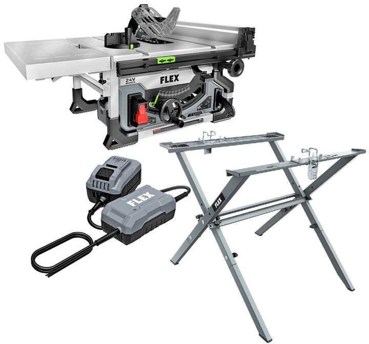 FLEX 8-1/4 Inch Table Saw (Bare Tool) 24V Power Adapter & Folding Saw Stand Bundle