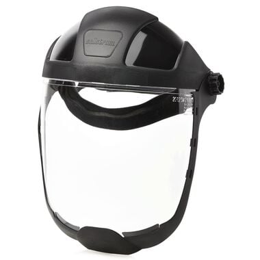Sellstrom Multi-Purpose Single Crown Face Shield with Ratchet Headgear and Chin Guard Clear Polycarbonate Window Anti-Fog Coating Black Crown