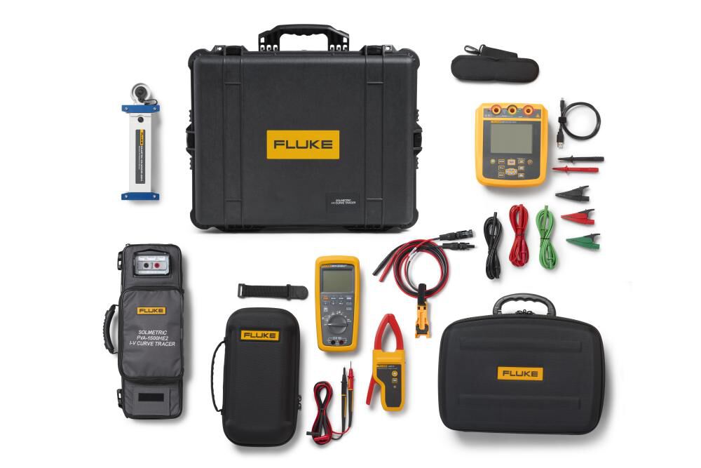 This kit includes the Fluke 1537 insulation tester, the 283FC/PV multimeter, and the PVA-1500HE2 I-V curve tester, all tailored for advanced solar PV