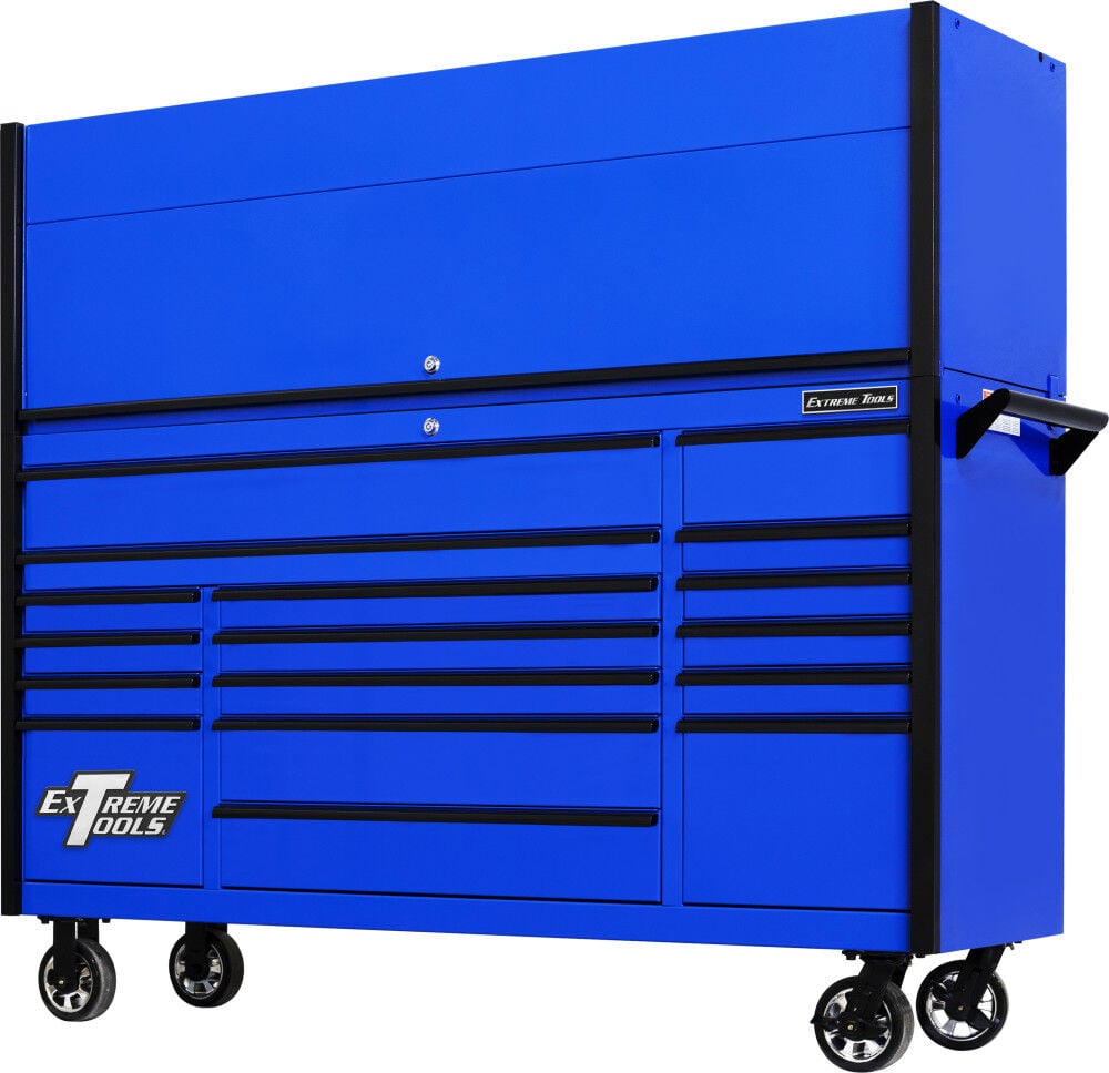 Extreme Tools DX Series 72 Inch W x 21 Inch D Extreme Power Workstation Hutch and 17 Drawer Roller Cabinet Combo with Black Drawer Pulls – DX7218HRUK