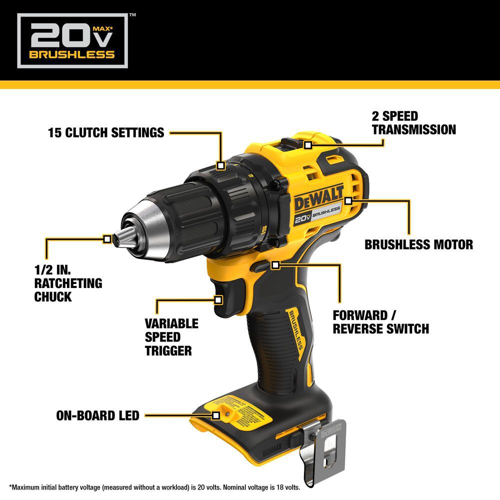 DEWALT 20V MAX Brushless Cordless 1/2 Inch Drill Driver (Bare Tool), large image number 2