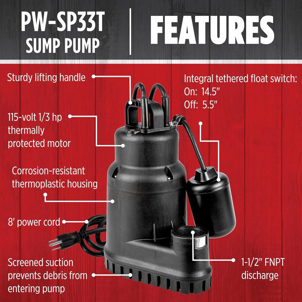 Red Lion 1/3HP 2500 GPH Sump Pump with Tethered Float Switch, large image number 3