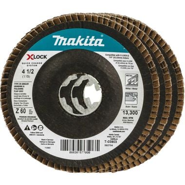 Makita X-LOCK 4 1/2in Angled Grinding and Polishing Flap Disc X-LOCK and All 7/8in Arbor Grinders 60 Grit Type 29 3pk