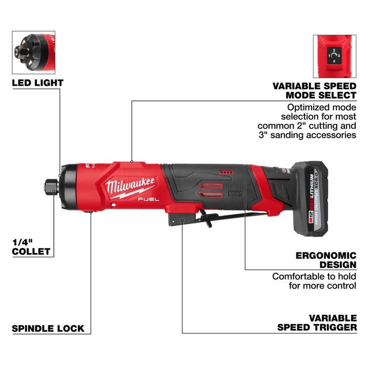 Milwaukee M12 FUEL 1/4 Inch Die Grinder Kit and M12 REDLITHIUM XC 12V 5Ah Lithium Ion Power Tool Battery Pack Bundle, large image number 7