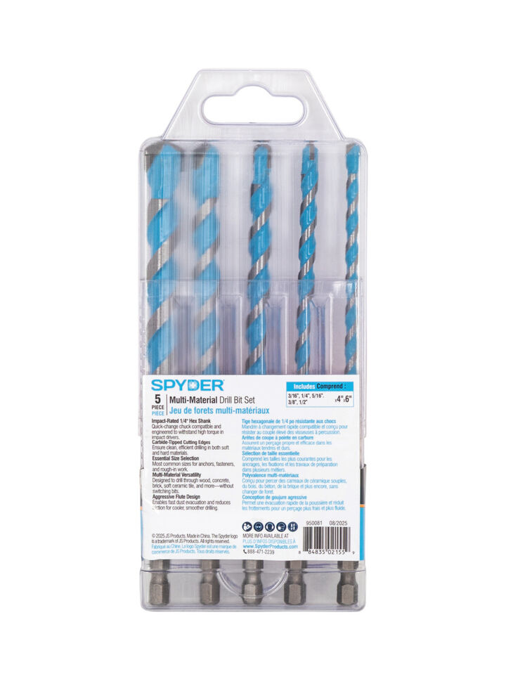 Spyder 6 Inch Long Masonry Drill Bit Set, Carbide-Tipped, 5 Pieces, large image number 8