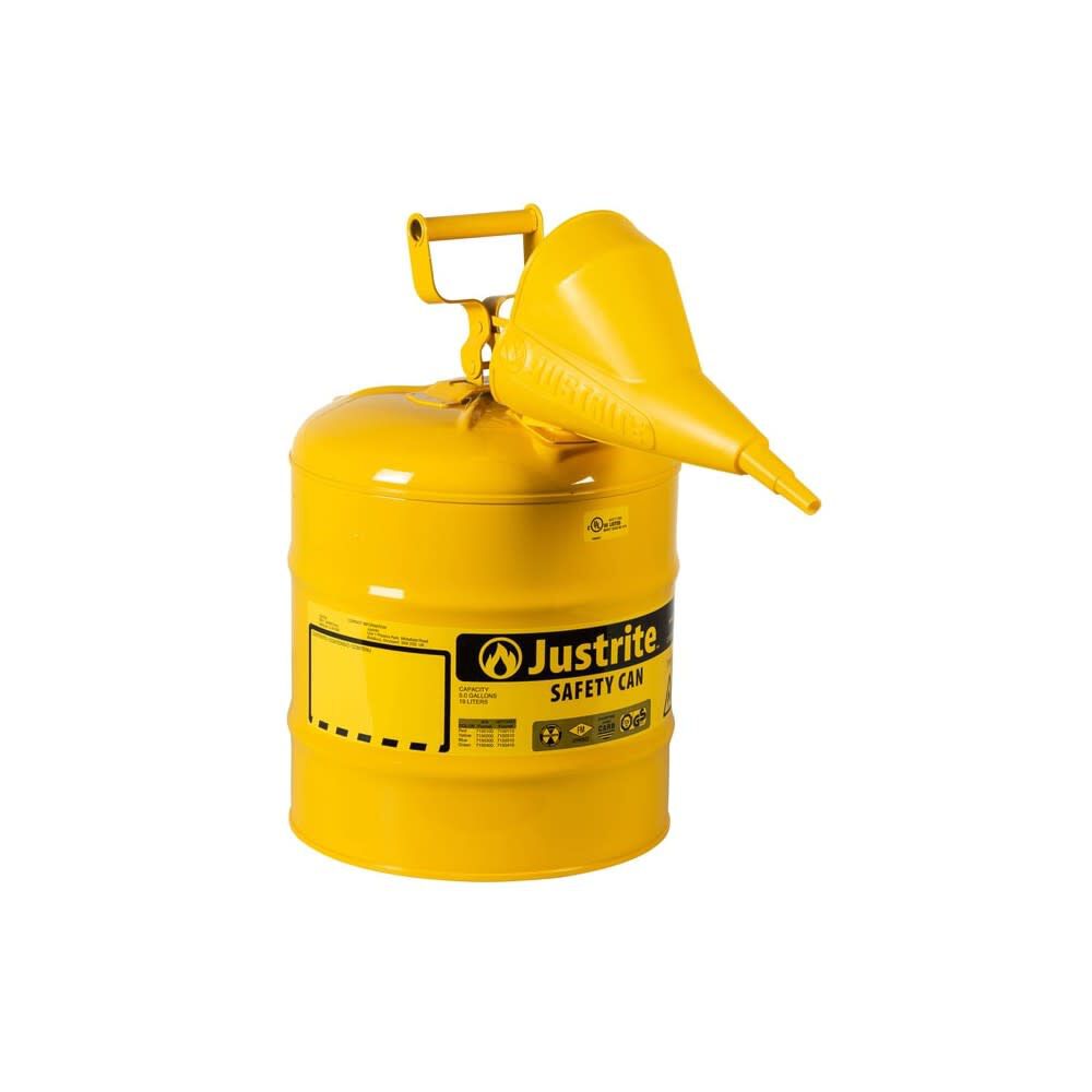 Justrite 5 Gal Steel Safety Yellow Diesel Fuel Can Type I with Funnel – 7150210