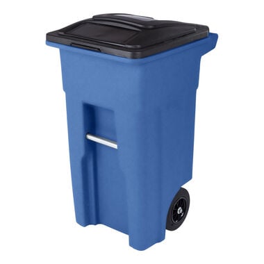 Toter 32 Gallon Blue Trash Can with Quiet Wheels and Attached Black Lid