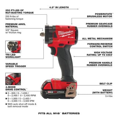 Milwaukee M18 FUEL 3/8 Compact Impact Wrench with Friction Ring CP2.0 Kit, large image number 7
