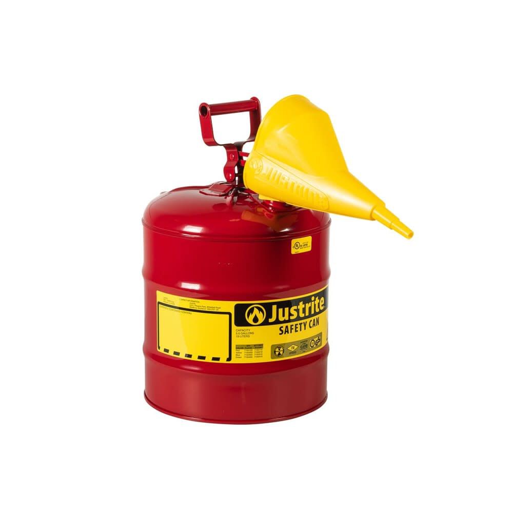 Justrite 5 Gal Steel Safety Red Gas Can Type I with Funnel & Flame Arrester – 7150110