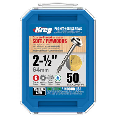 Kreg Pocket Screws - 2-1/2in #10 Coarse Stainless Steel Washer-Head 50ct.