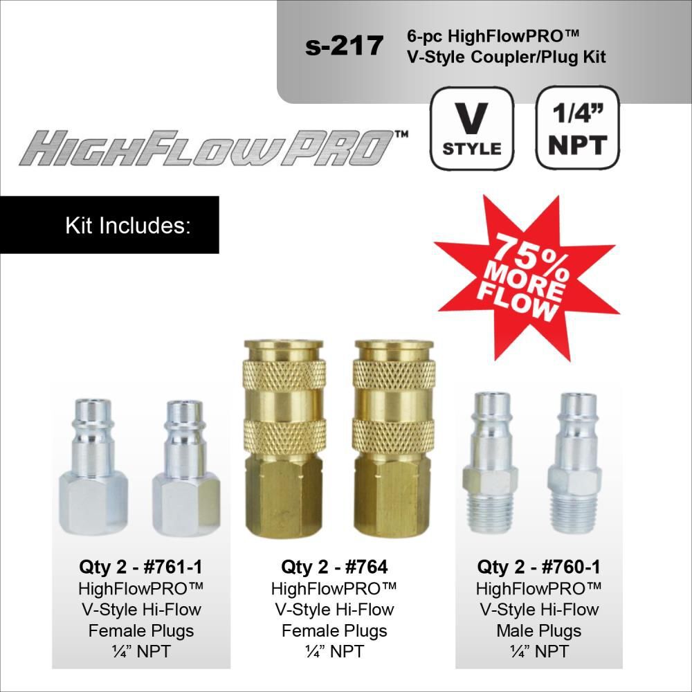 Milton S-217 1/4in NPT HIGHFLOWPRO V-Style/European Interchange Air Coupler and Plug Fitting Kit (High Volume Low Pressure Application) -6 Piece, large image number 2