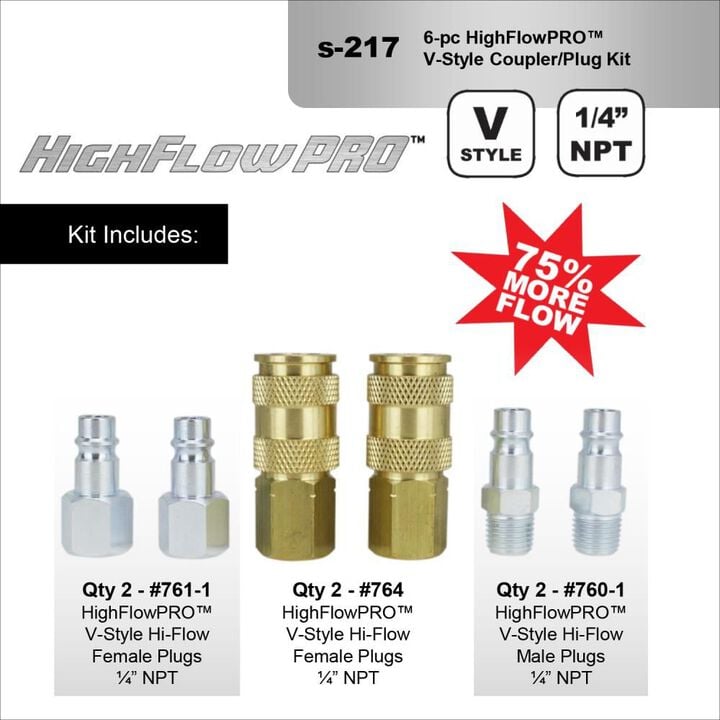 Milton S-217 1/4in NPT HIGHFLOWPRO V-Style/European Interchange Air Coupler and Plug Fitting Kit (High Volume Low Pressure Application) -6 Piece, large image number 1