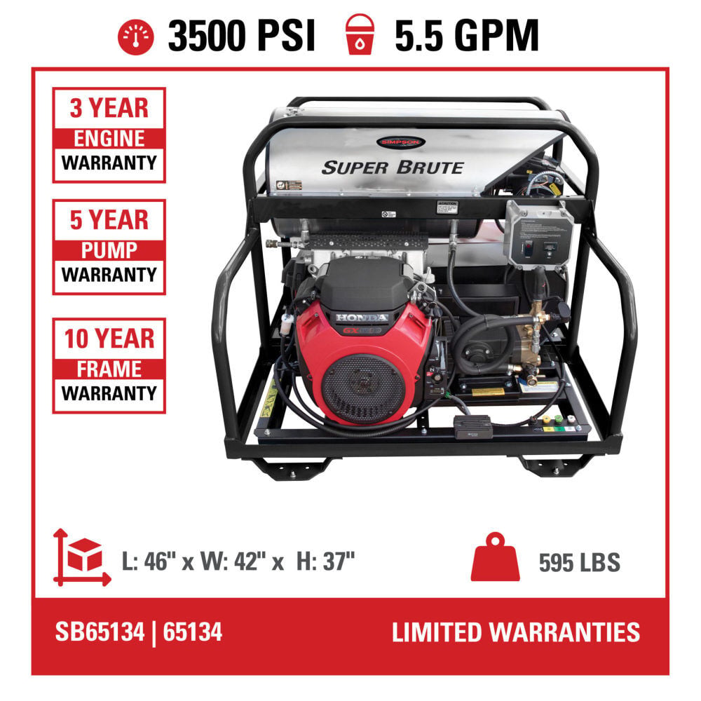 Simpson Super Brute 3500 PSI 5.5 GPM Gas Powered Hot Water Pressure Washer with 4 Spray Tips, large image number 7