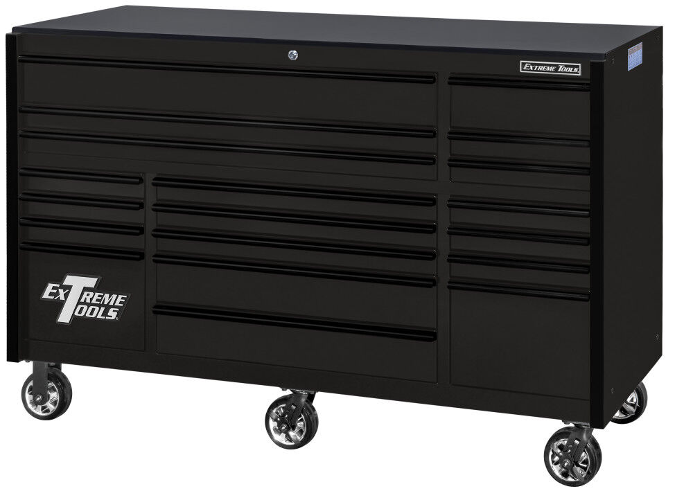 Extreme Tools RX Series 72 Inch W x 25 Inch D 19 Drawer Triple Bank Roller Cabinet 150 lbs Slides Matte Black with Black Drawer Pulls, large image number 2