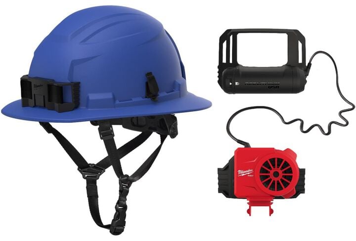 Milwaukee BOLT Full Brim Safety Helmet Type 2 Class E & USB Cooling Fan Blue