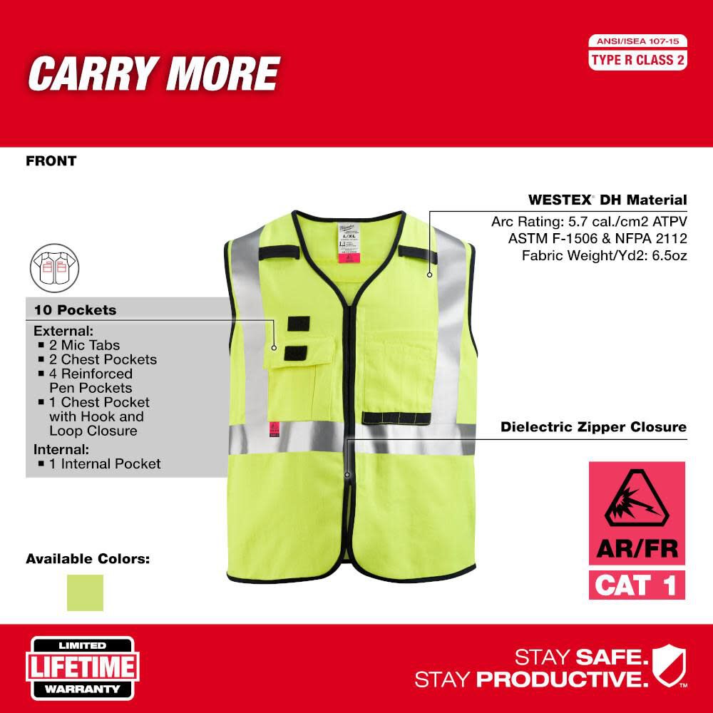 Milwaukee High Vis Safety Vest Class 2 AR FR Cat 2 48 73 5301M910