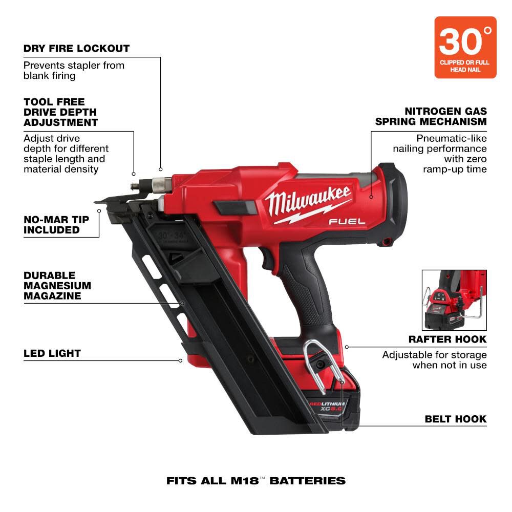Milwaukee M18 FUEL 30 Degree Framing Nailer Kit 274521 Acme Tools