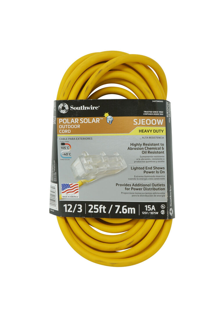Southwire SJEOW Cold Weather 3 Outlet Extension Cord 12/3 25 Ft