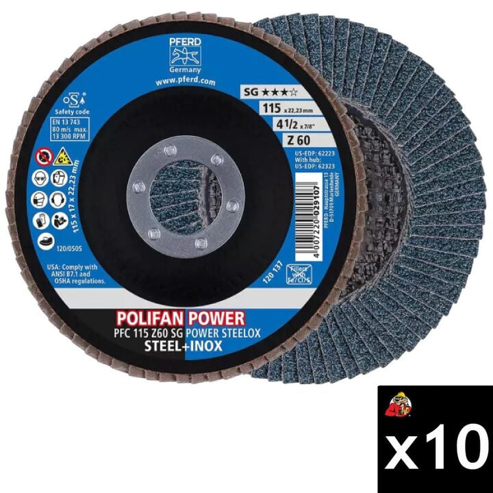 Pferd 4-1/2 Inch x 7/8 Inch, Z SG POWER STEELOX, 60 Grit, T29, Flap Disc Bundle, 10 Pieces