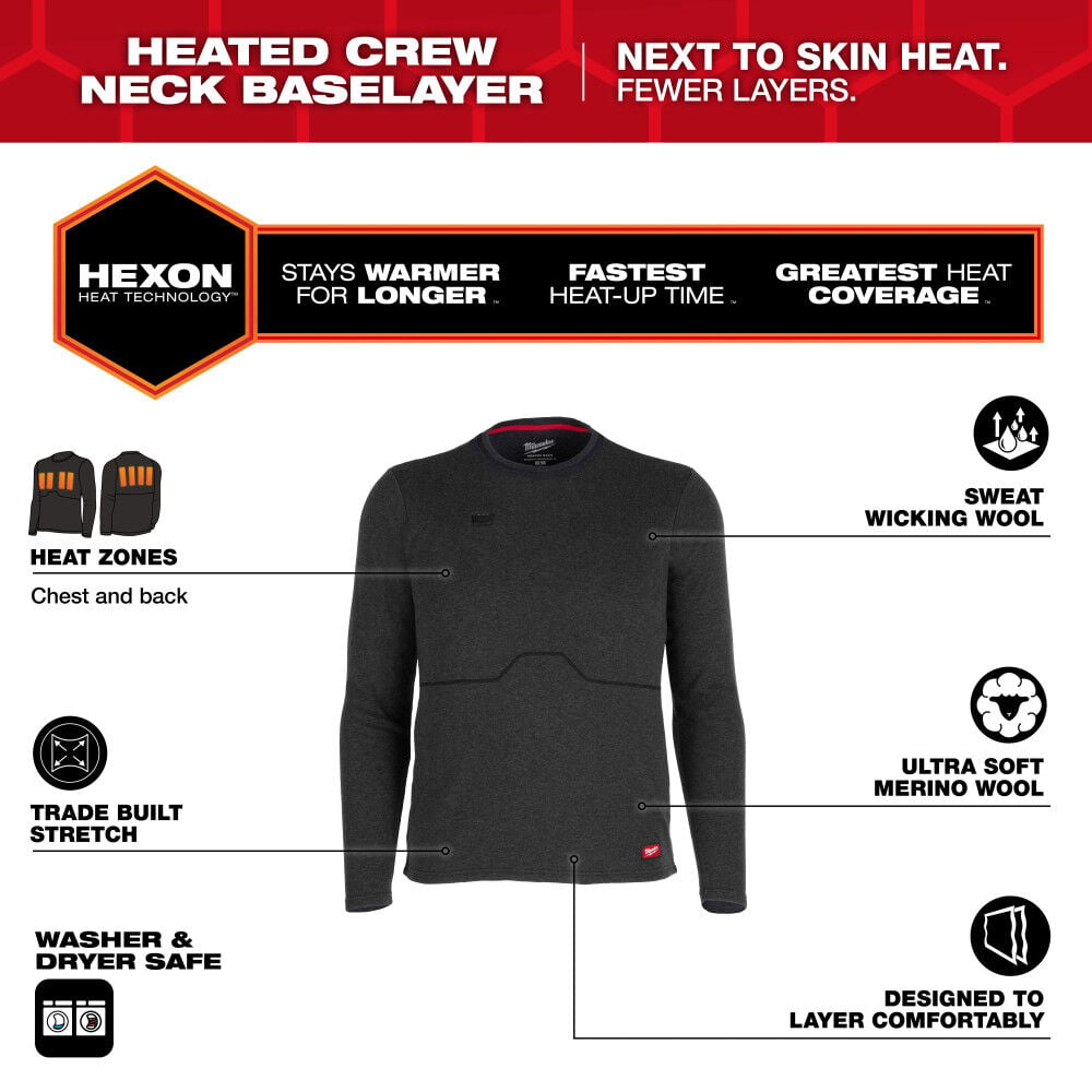 Milwaukee Heated Merino Wool Crew Neck Baselayer, large image number 2