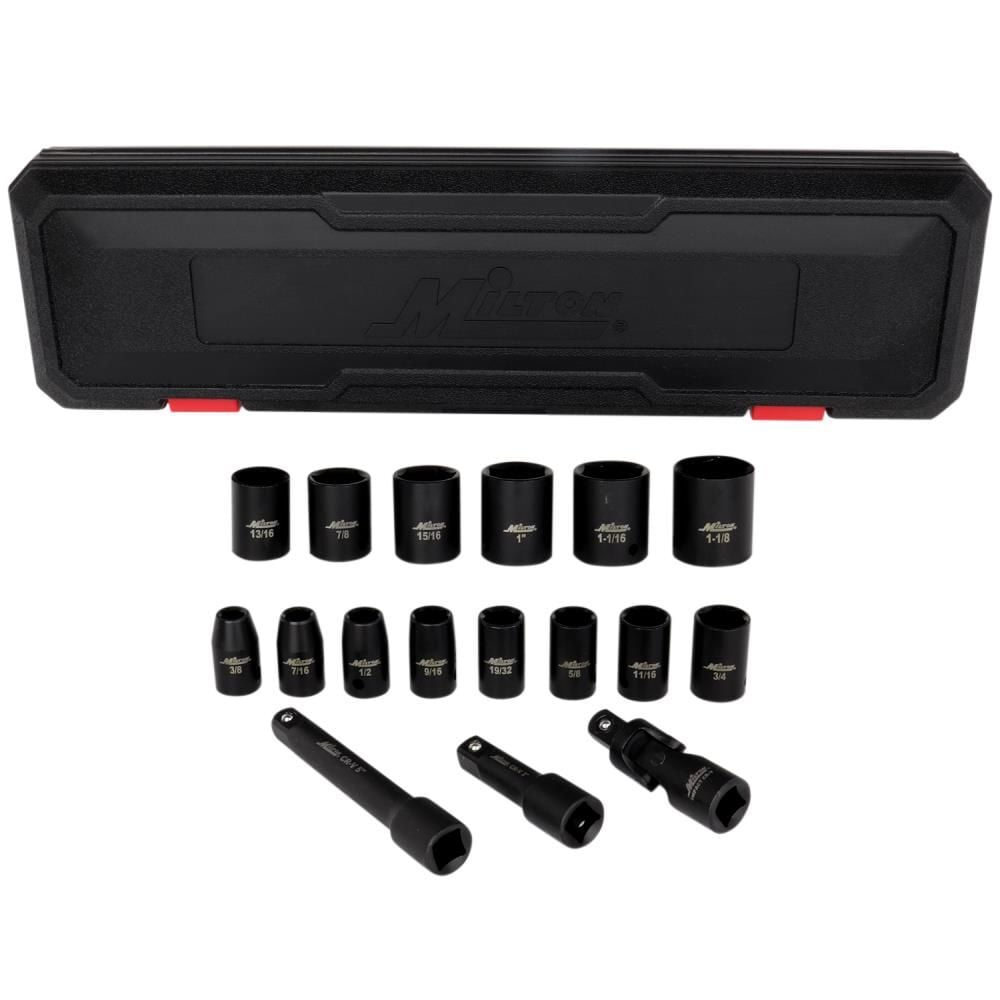 Milton 1/2 Inch Drive Shallow 6-Point Impact Socket Set 3/8 Inch-1-1/8 Inch SAE Steel Coated Black Oxide Finish with Universal Joint & Extension Bars 17 Piece, large image number 1