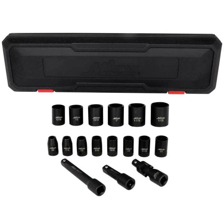 Milton 1/2 Inch Drive Shallow 6-Point Impact Socket Set 3/8 Inch-1-1/8 Inch SAE Steel Coated Black Oxide Finish with Universal Joint & Extension Bars 17 Piece